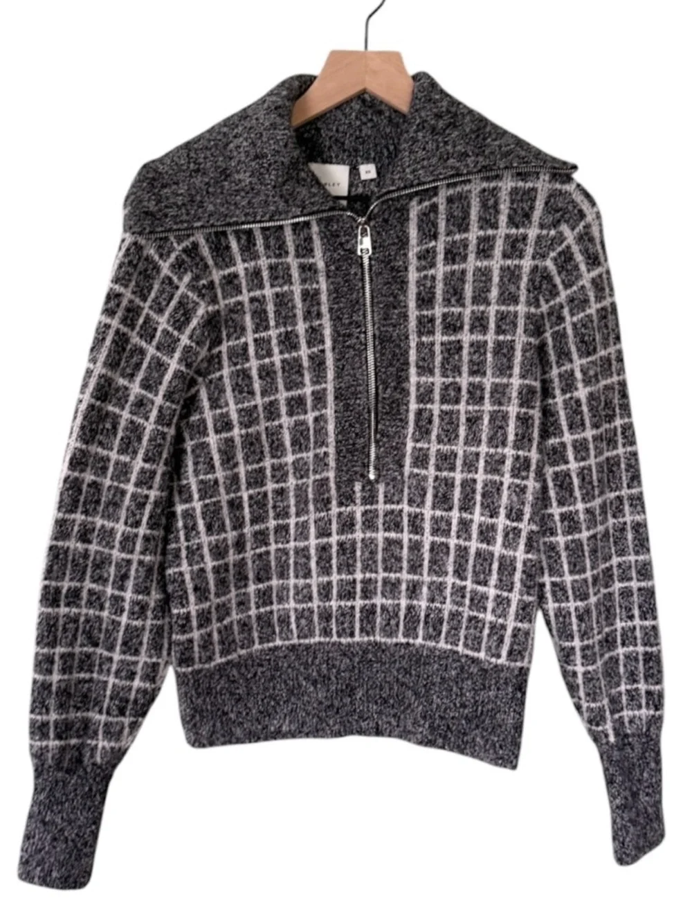 Varley Furley Half‎ Zip Knit Sweater Plaid Grey White Women’s Size XS